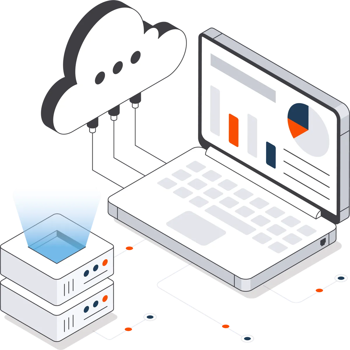 Cloud computing illustratie Isometrische illustratie van cloud computing met laptop, datadashboard, servers en netwerkverbindingen