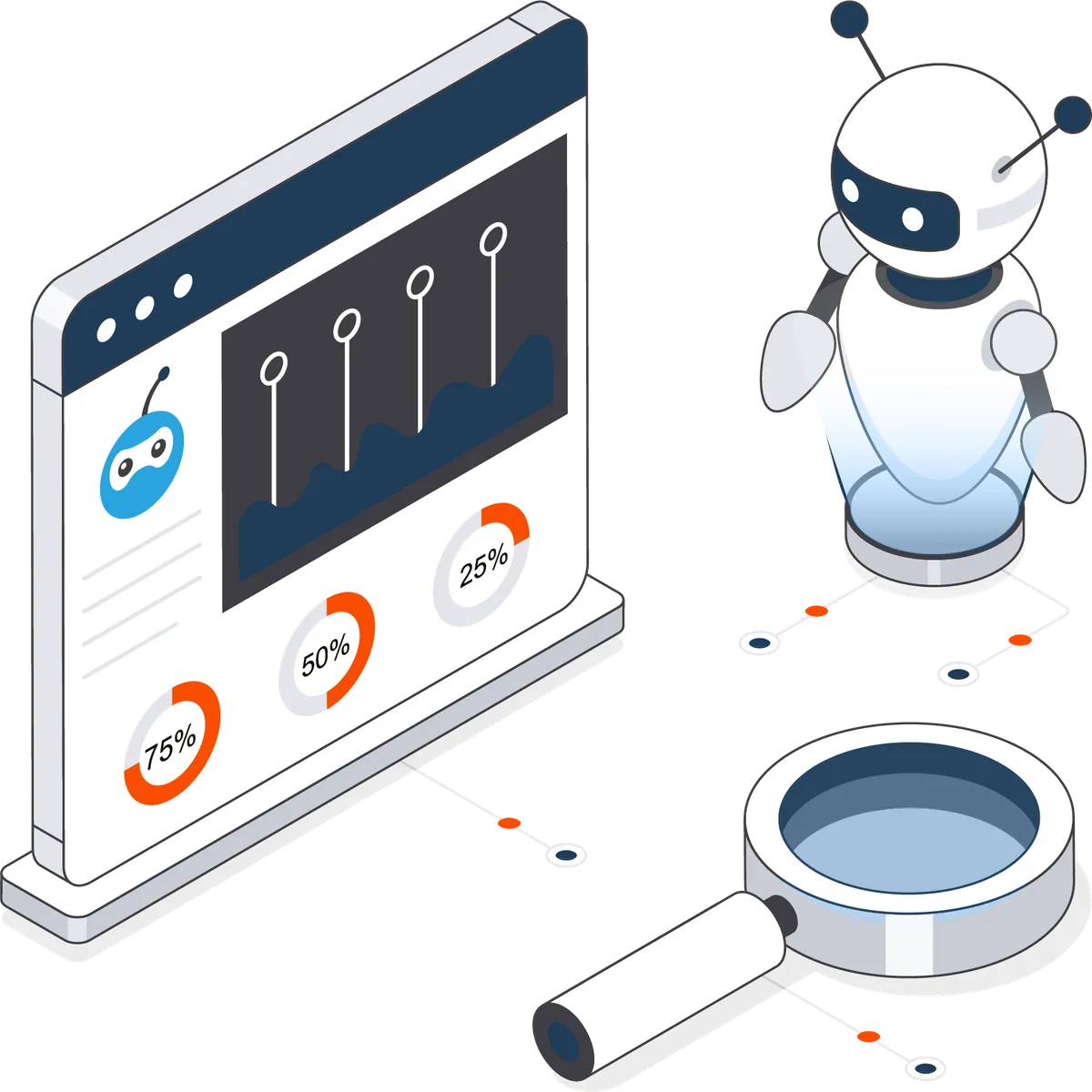 AI en data-analyse illustratie Isometrische illustratie van een robot bij een datadashboard met grafieken en vergrootglas voor data-analyse